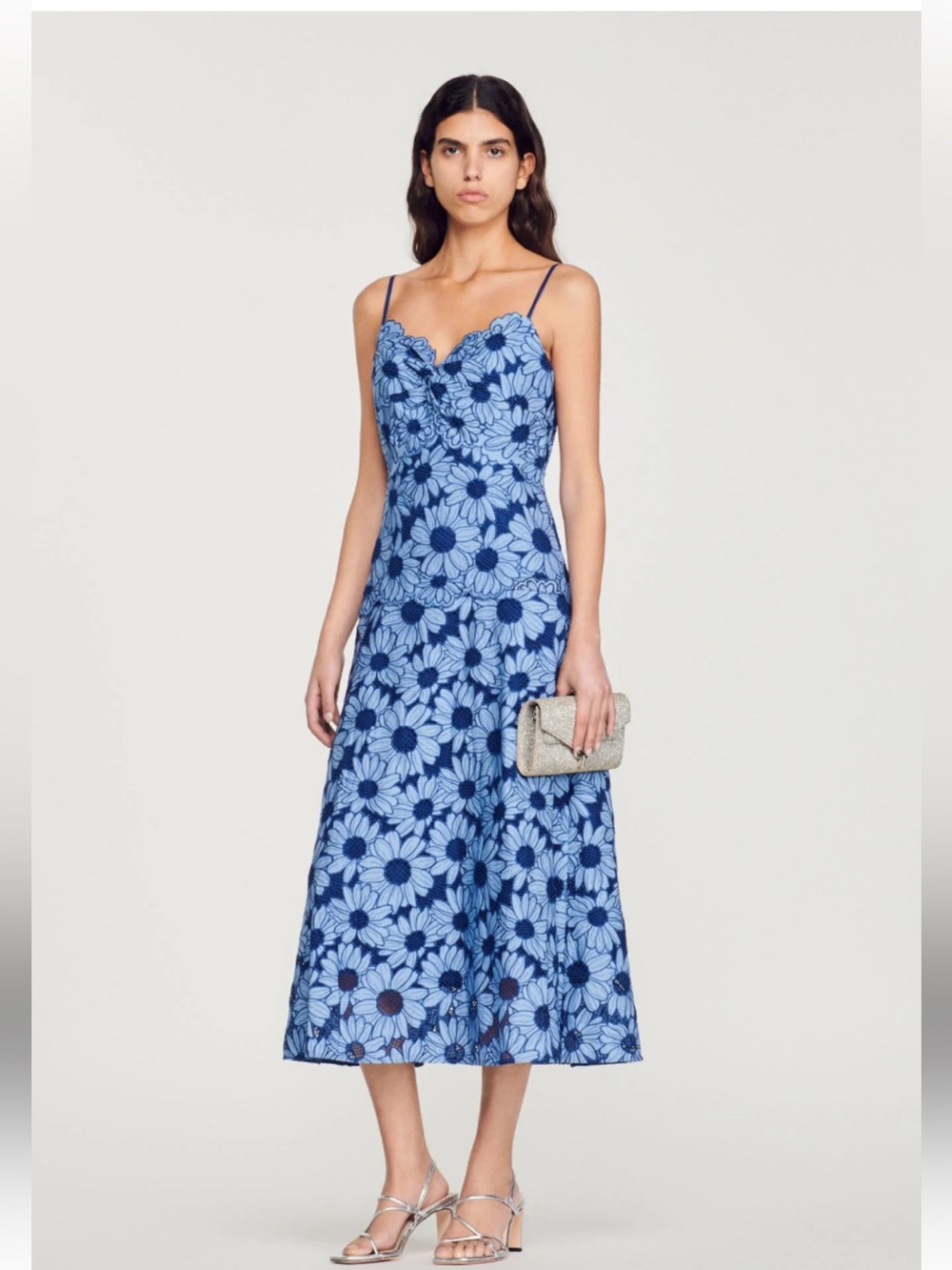 Sandro Blue Floral Lace Midi Dress with Spaghetti Straps